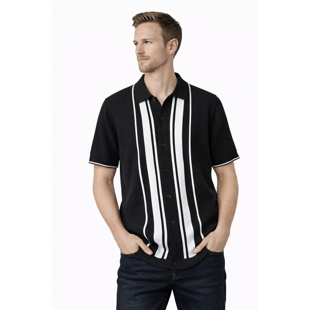 Marc Asher Men’s Knit Button Up Shirt L Black White Striped Retro Bowling Polo